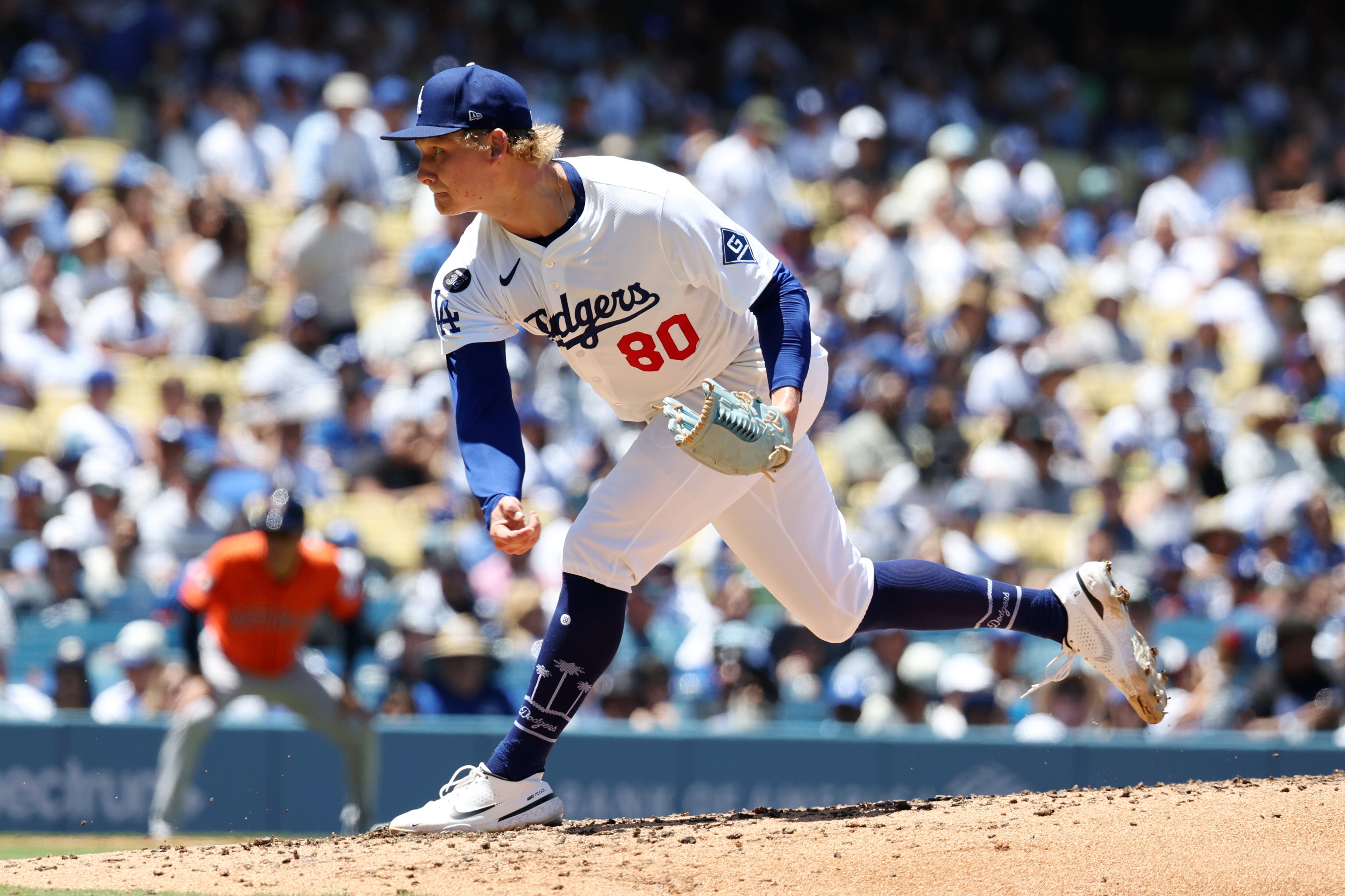 LOS ANGELES, CA - JULY 06:  Emmett Sheehan #80 of the Los Angeles Dodgers pitches during the game against the Houston Astros at Dodger Stadium on July 06, 2025 in Los Angeles, California. (Photo by Rob Leiter/MLB Photos via Getty Images)