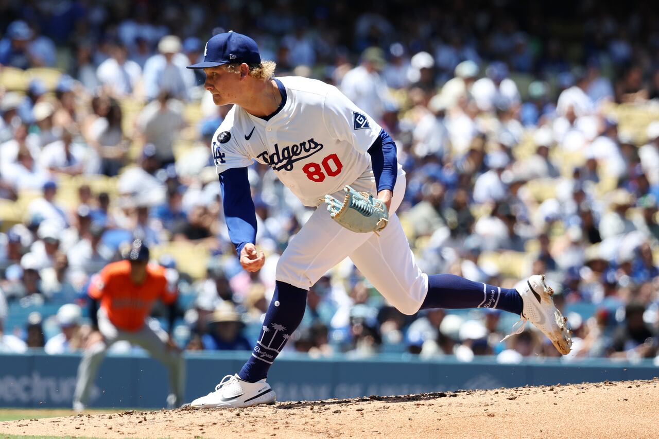 LOS ANGELES, CA - JULY 06: Emmett Sheehan #80 of the Los Angeles Dodgers pitches during the game against the Houston Astros at Dodger Stadium on July 06, 2025 in Los Angeles, California. (Photo by Rob Leiter/MLB Photos via Getty Images)