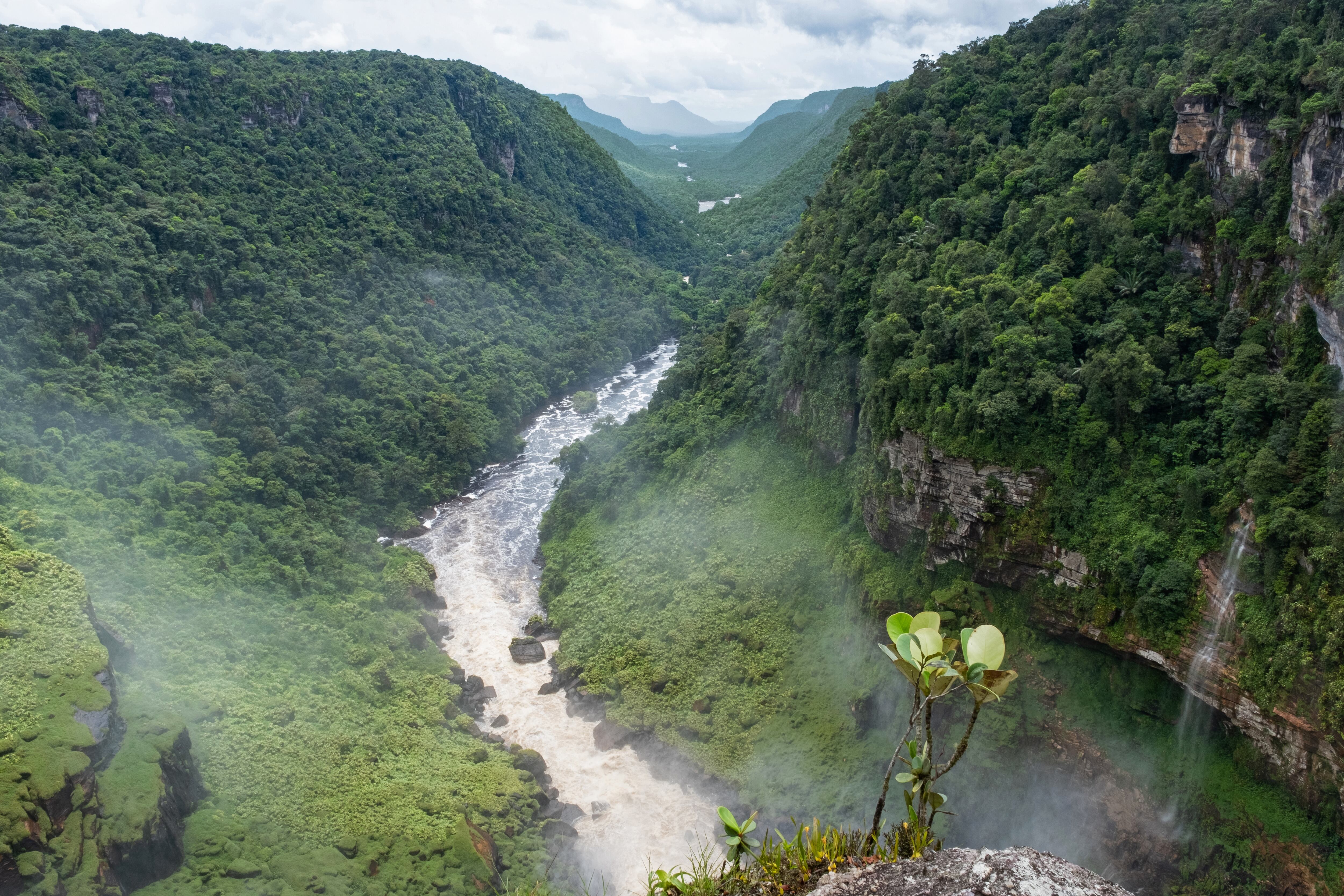 Vista aérea sobre el río Potaro desde lo alto de las cataratas Kaieteur en el Parque Nacional Kaieteur, Guyana, Sudamérica.