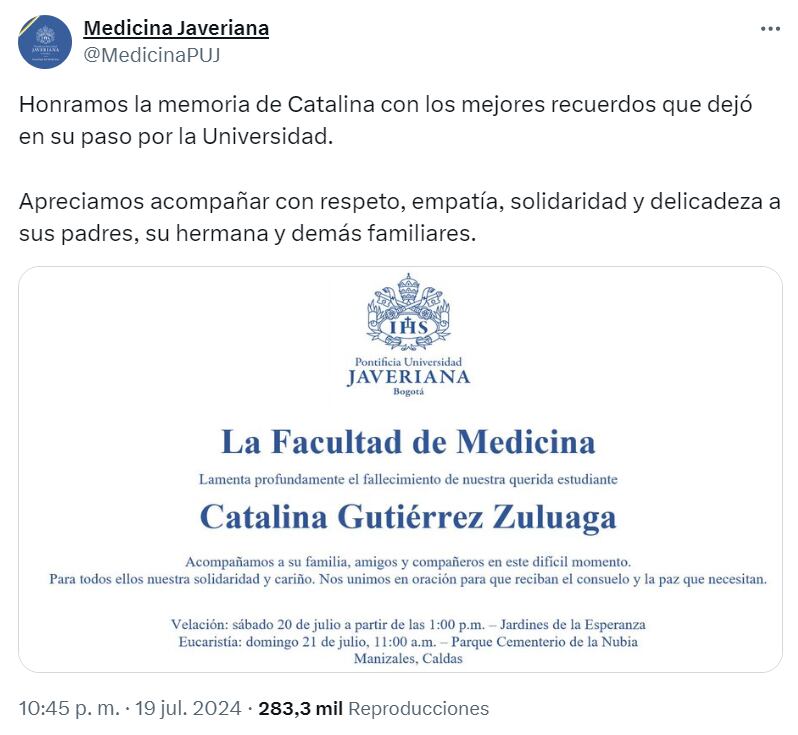 Pronunciamiento de la Universidad Javeriana sobre la Muerte de Catalina Gutiérrez