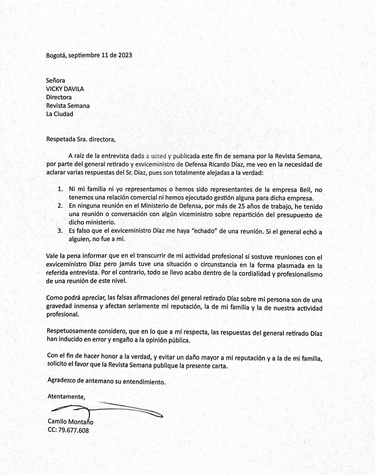 Carta Camilo Montaño a SEMANA