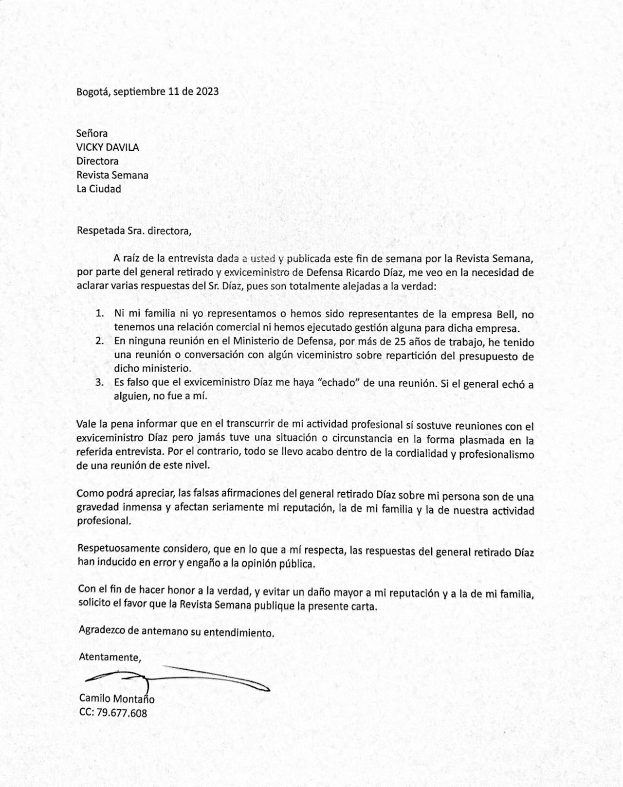 Carta Camilo Montaño a SEMANA