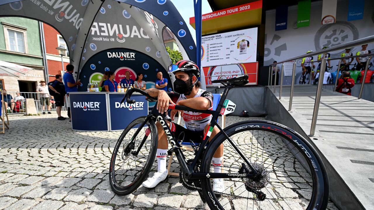 MEININGEN, GERMANY - AUGUST 25: Fernando Gaviria Rendon of Colombia and UAE Team Emirates prior to the 37th Deutschland Tour 2022 - Stage 1 a 171,7km stage from Weimar to Meiningen / #DeineTour / on August 25, 2022 in Meiningen, Germany. (Photo by Stuart Franklin/Getty Images,)