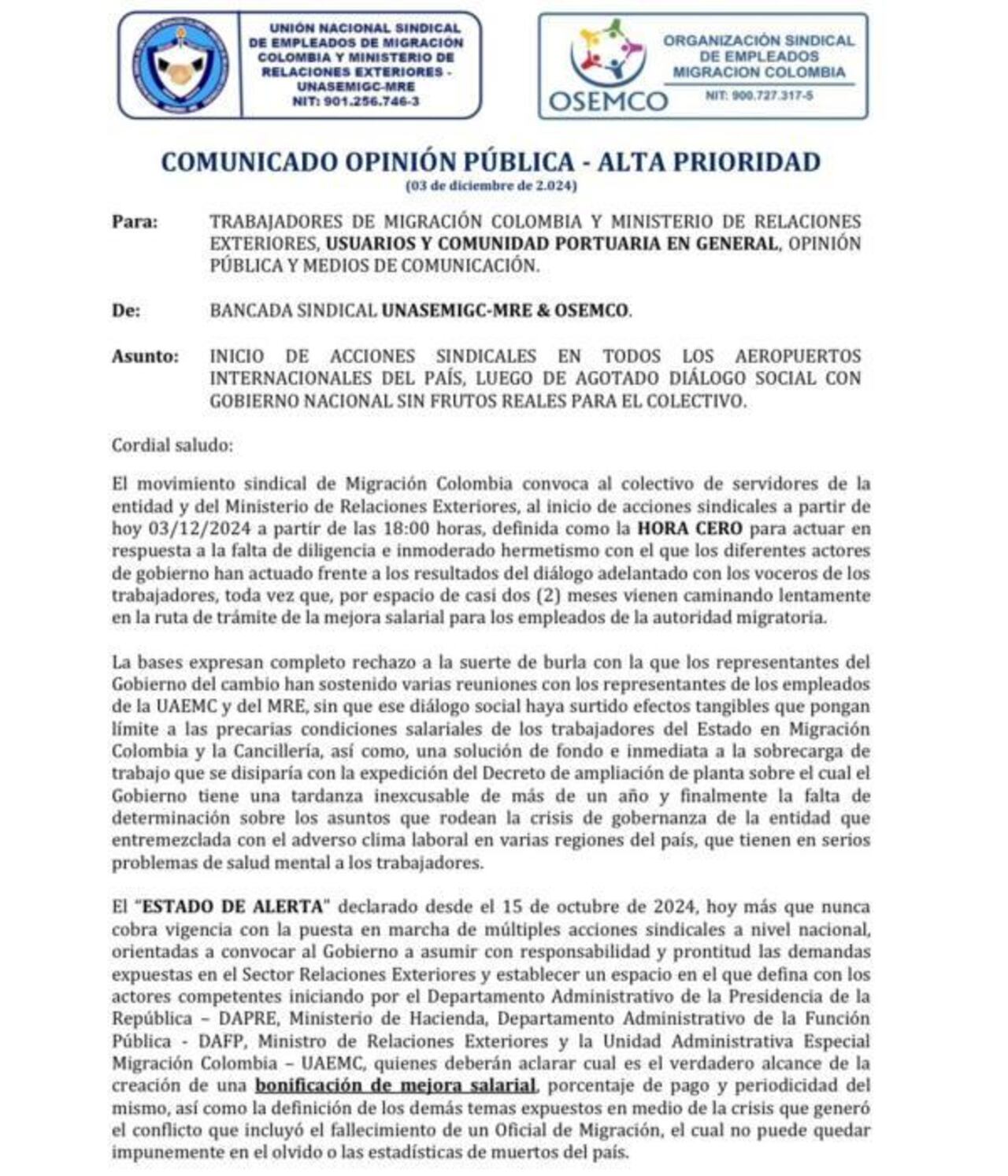 Los afectados denunciaron en un comunicado su preocupación por las condiciones salariales y laborales desfavorables que enfrentan los trabajadores.