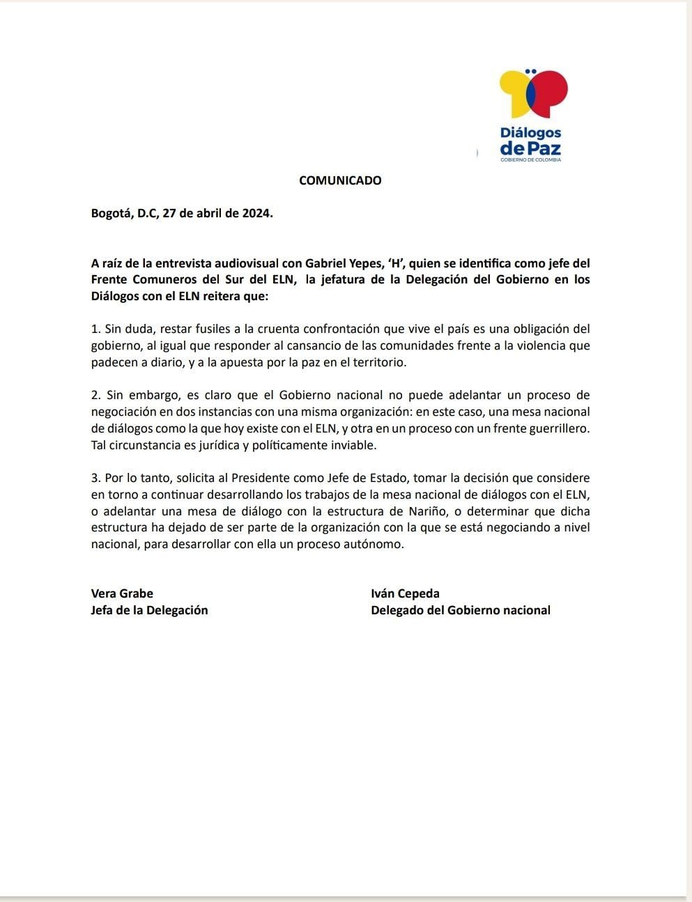 Comunicado de delegación del Gobierno Petro