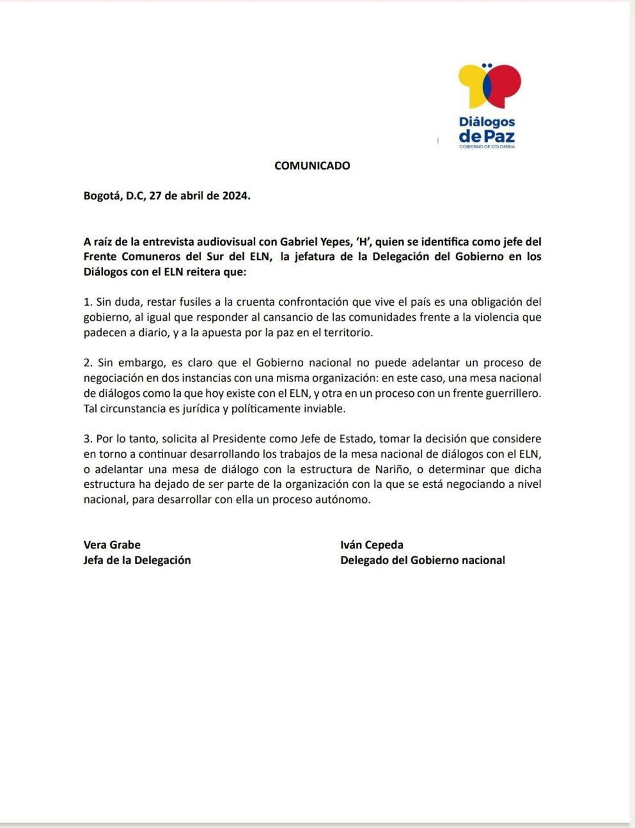 Comunicado de delegación del Gobierno Petro