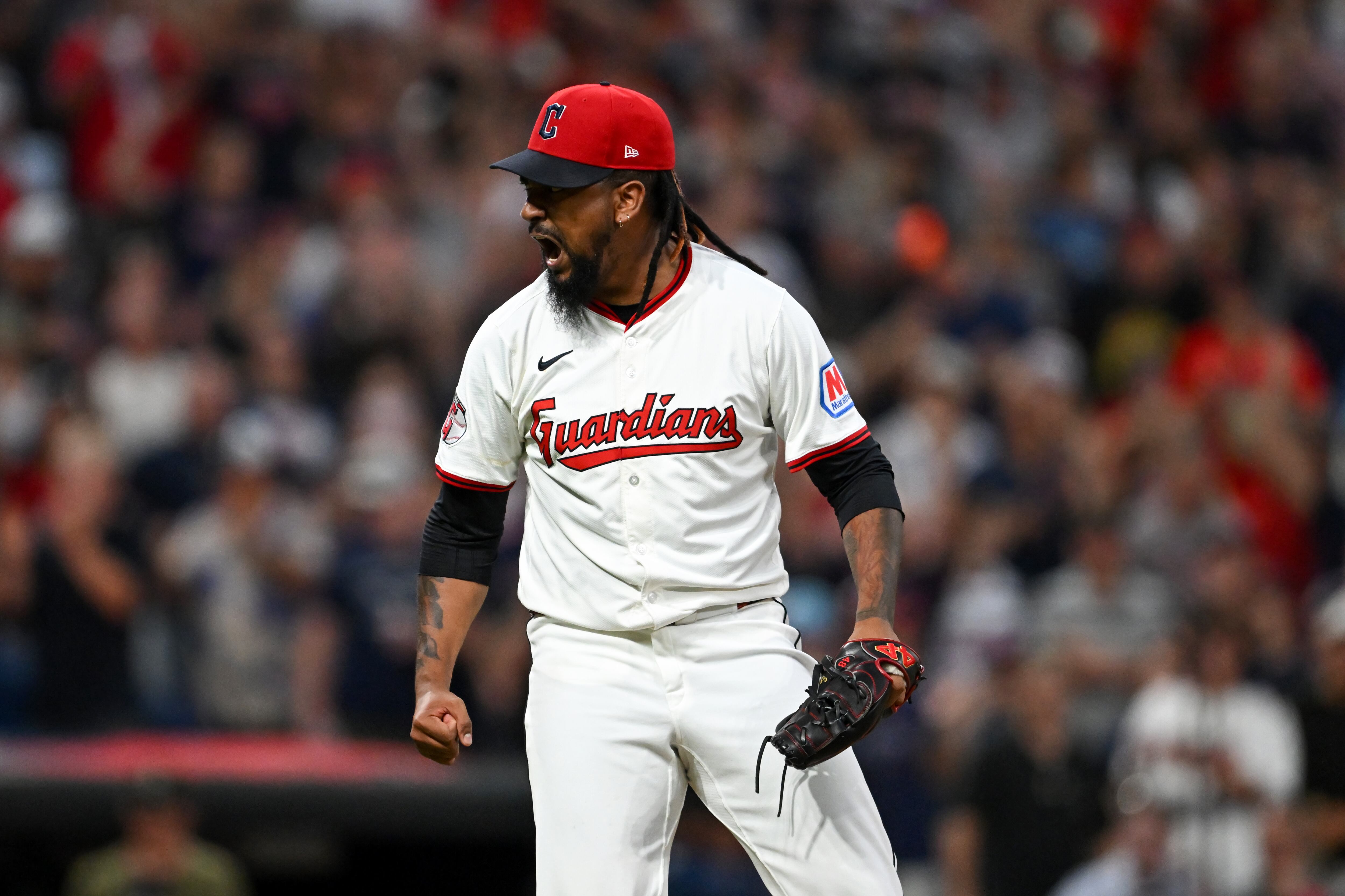 CLEVELAND, OHIO - JULY 23: Emmanuel Clase #48 of the Cleveland Guardians celebrates the team's 3-2 win over the Baltimore Orioles at Progressive Field on July 23, 2025 in Cleveland, Ohio. (Photo by Nick Cammett/Getty Images)