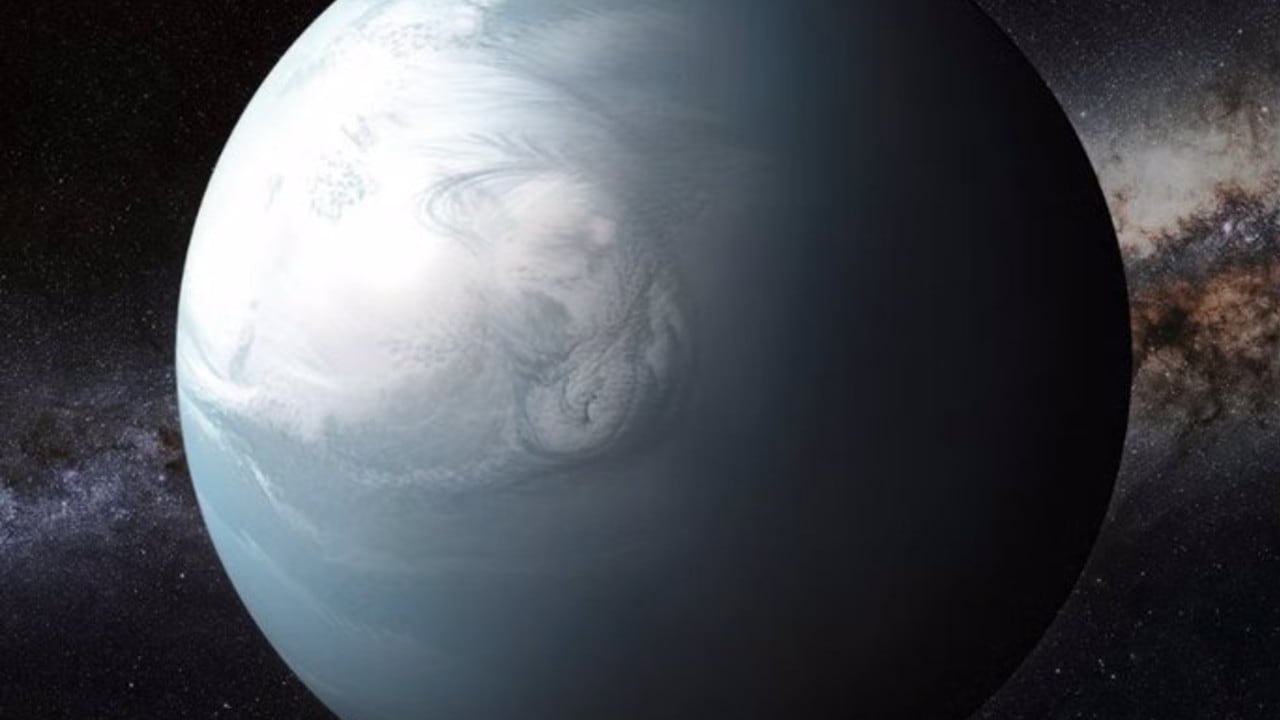 Ilustración artística de un posible mundo Hycean, donde se podrían detectar gases de haluro de metilo en la atmósfera.