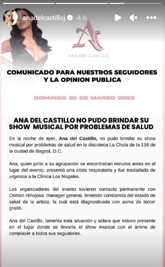 Comunicado Ana del Castillo.