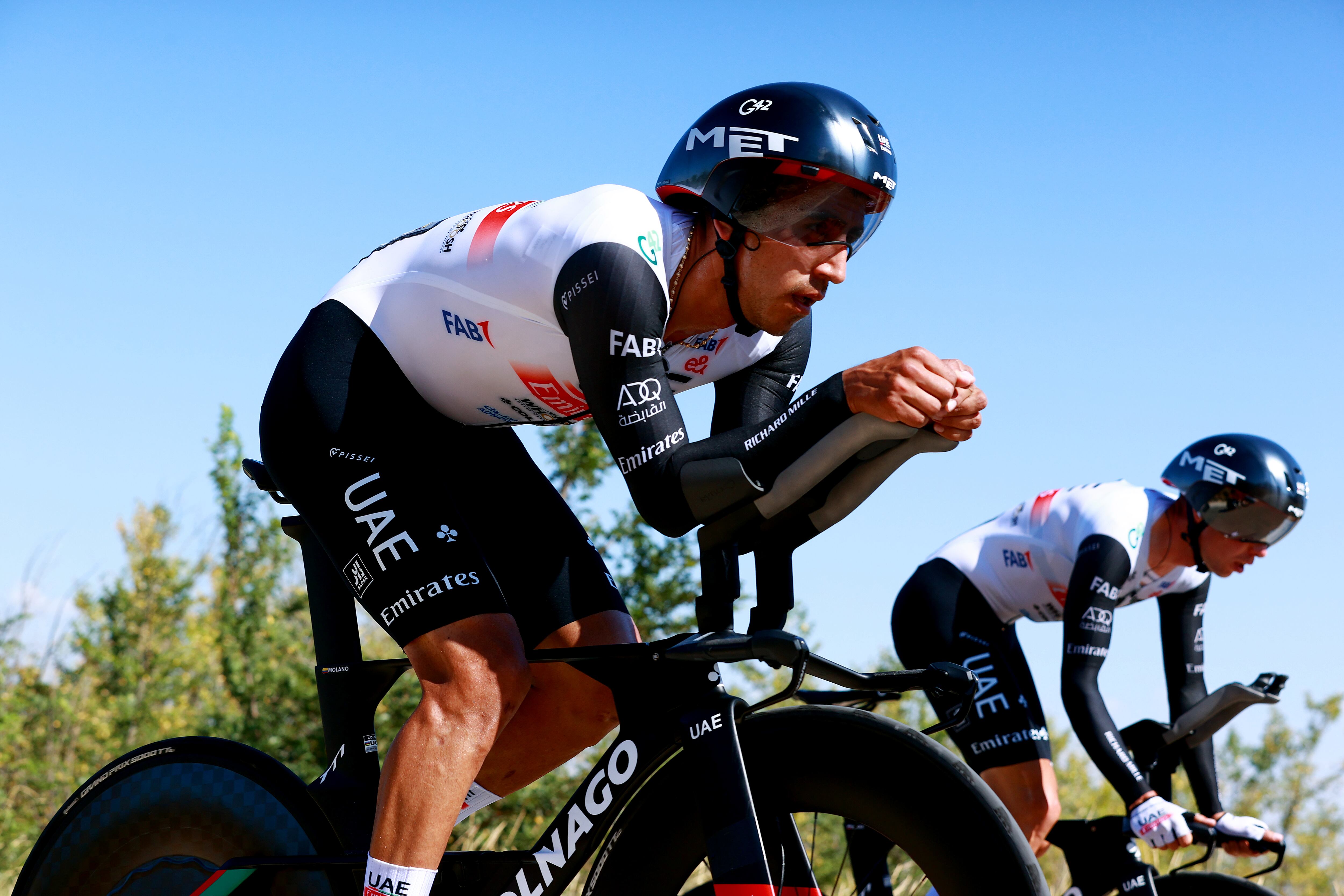 POZA DE LA SAL, SPAIN - AUGUST 16: Juan Sebastian Molano Benavides of Colombia and UAE Team Emirates sprints during the 45th Vuelta a Burgos 2023, Stage 2 a 13.1km team time trial from Oña to Poza de la Sal on August 16, 2023 in Poza de la Sal , Spain. (Photo by Gonzalo Arroyo Moreno/Getty Images)