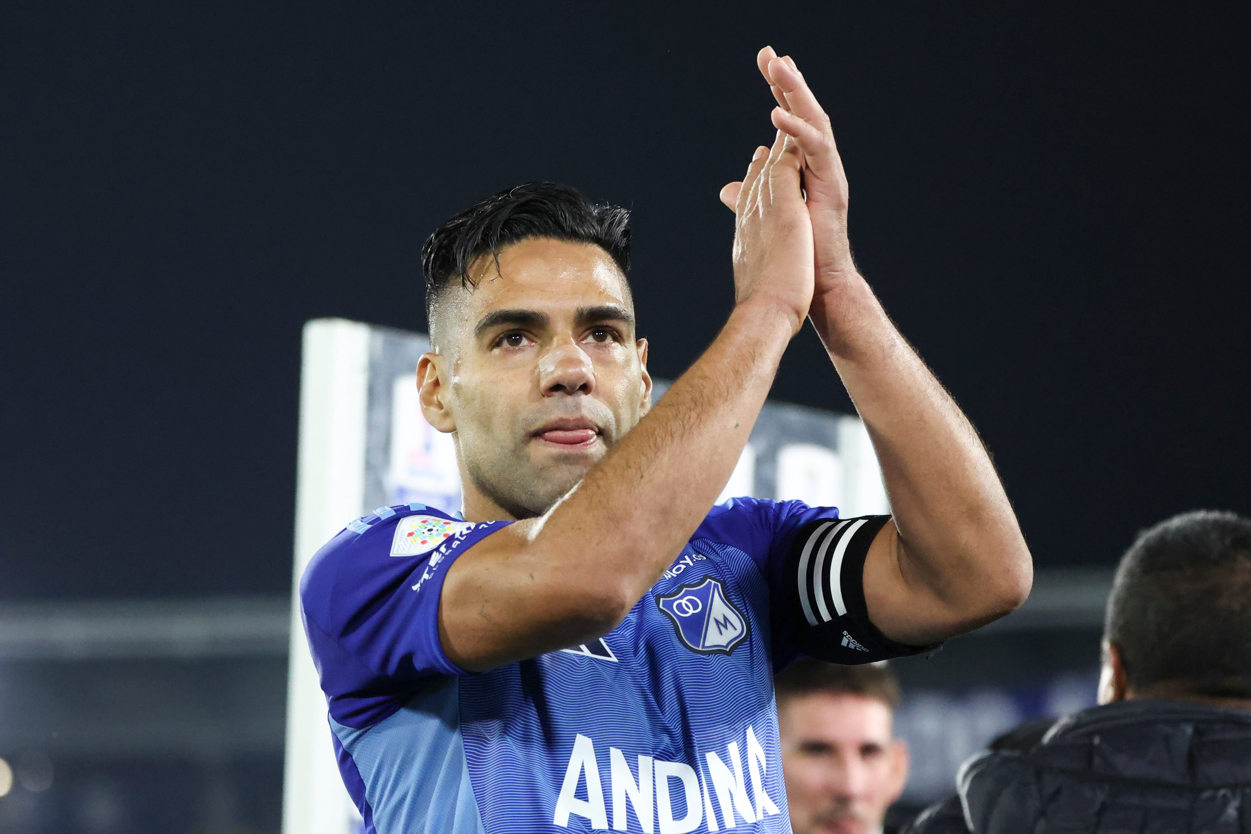 BOGOTA, COLOMBIA - FEBRUARY 8: Radamel Falcao of Millonarios greets the fans during a Liga Colombiana match between Millonarios and La Equidad at Estadio El Campin on February 8, 2025 in Bogota, Colombia. (Photo by Santiago Arenas/Eurasia Sport Images/Getty Images)