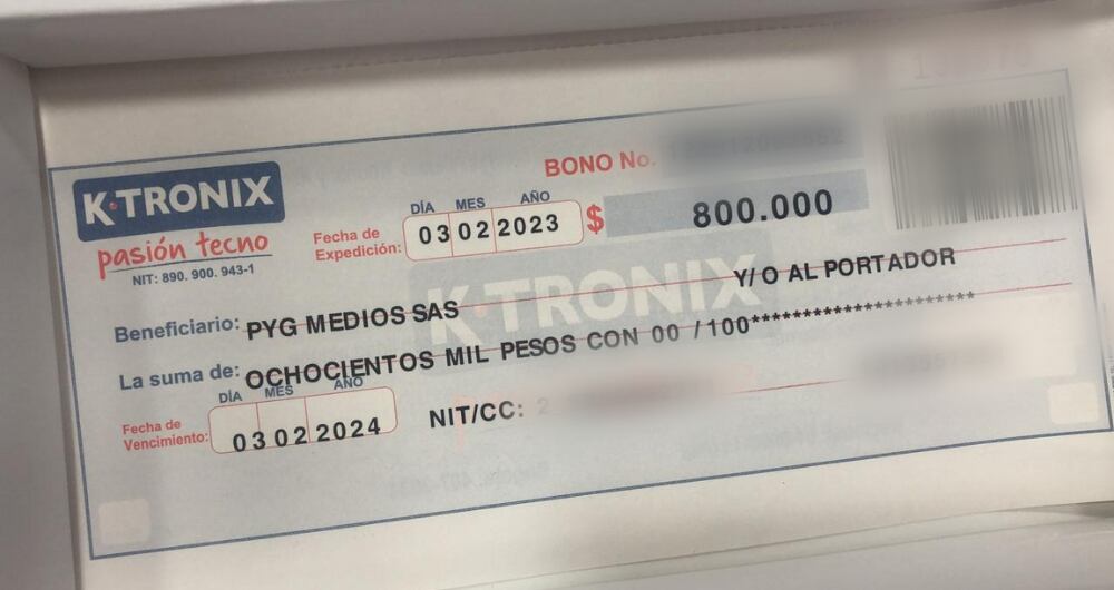 Bono suministrado por el precandidato a la Gobernación de Antioquia, Julián Bedoya, a periodistas de Medellín.