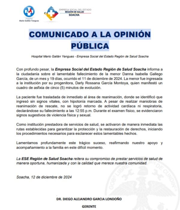 Este es el parte médico que entregó el Hospital Mario Gaitán Yanguas.