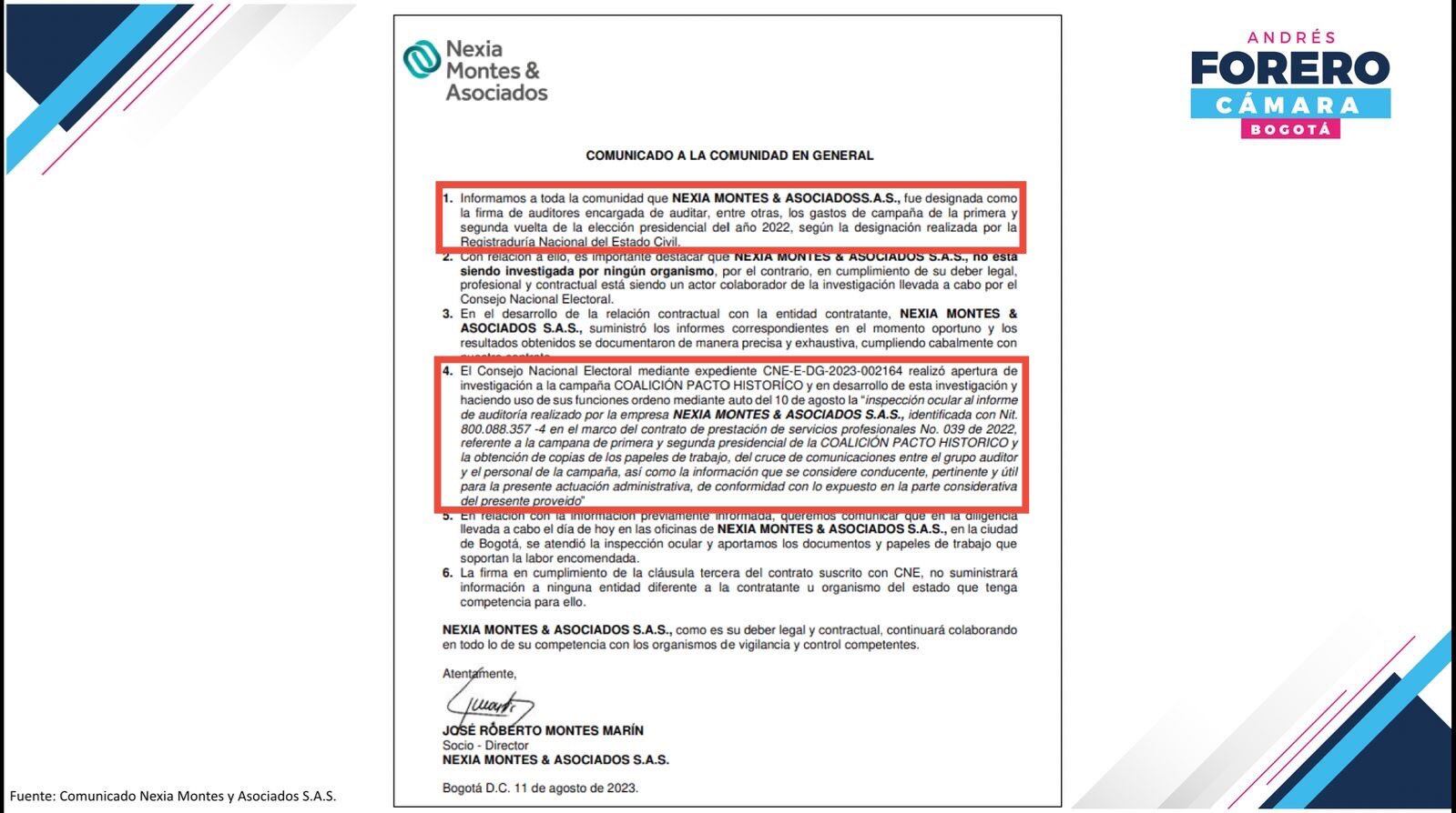 Documento revelado por el congresista Forero