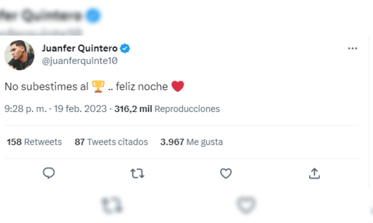 Twitter Juan Fernando Quintero. Foto: Captura pantalla Twitter Juan Fernando Quintero (@juanferquinte10).