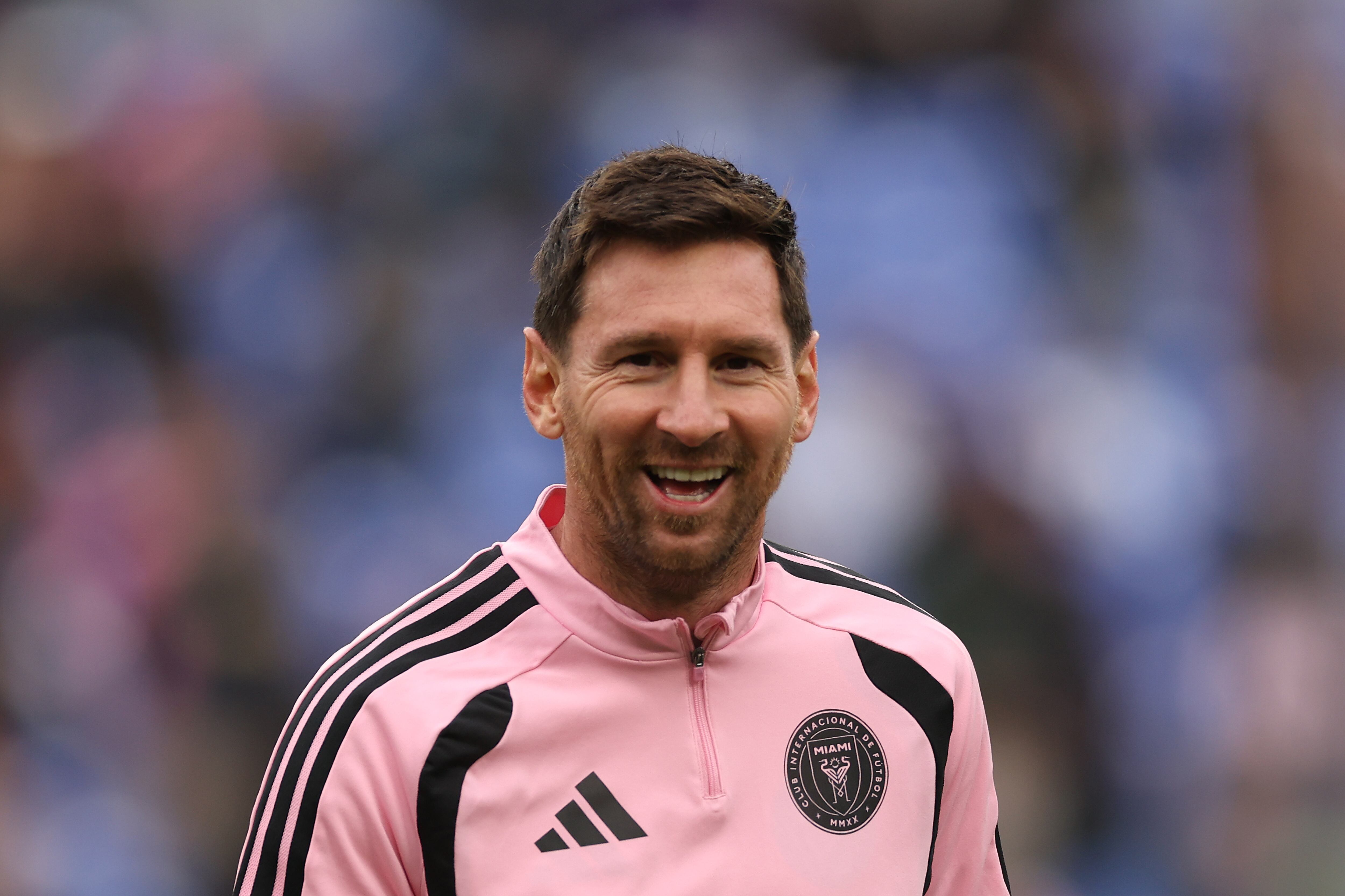 BALTIMORE, MARYLAND - MARCH 07: Lionel Messi #10 of Inter Miami CF smiles during warm ups before the MLS match between D.C. United and Inter Miami CF at M&T Bank Stadium on March 7, 2026 in Baltimore, Maryland. (Photo by Patrick Smith/Getty Images)