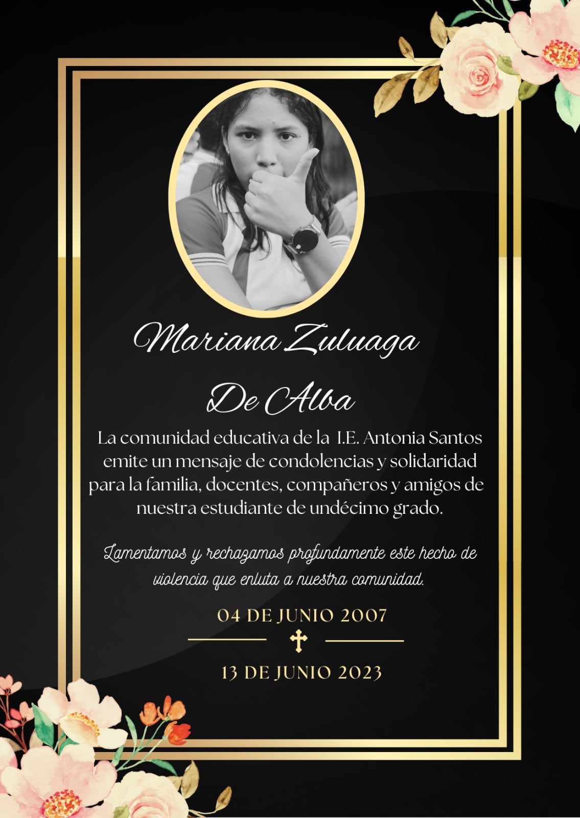 Esta es la imagen con el contundente mensaje de rechazo y las condolencias con la foto de la menor