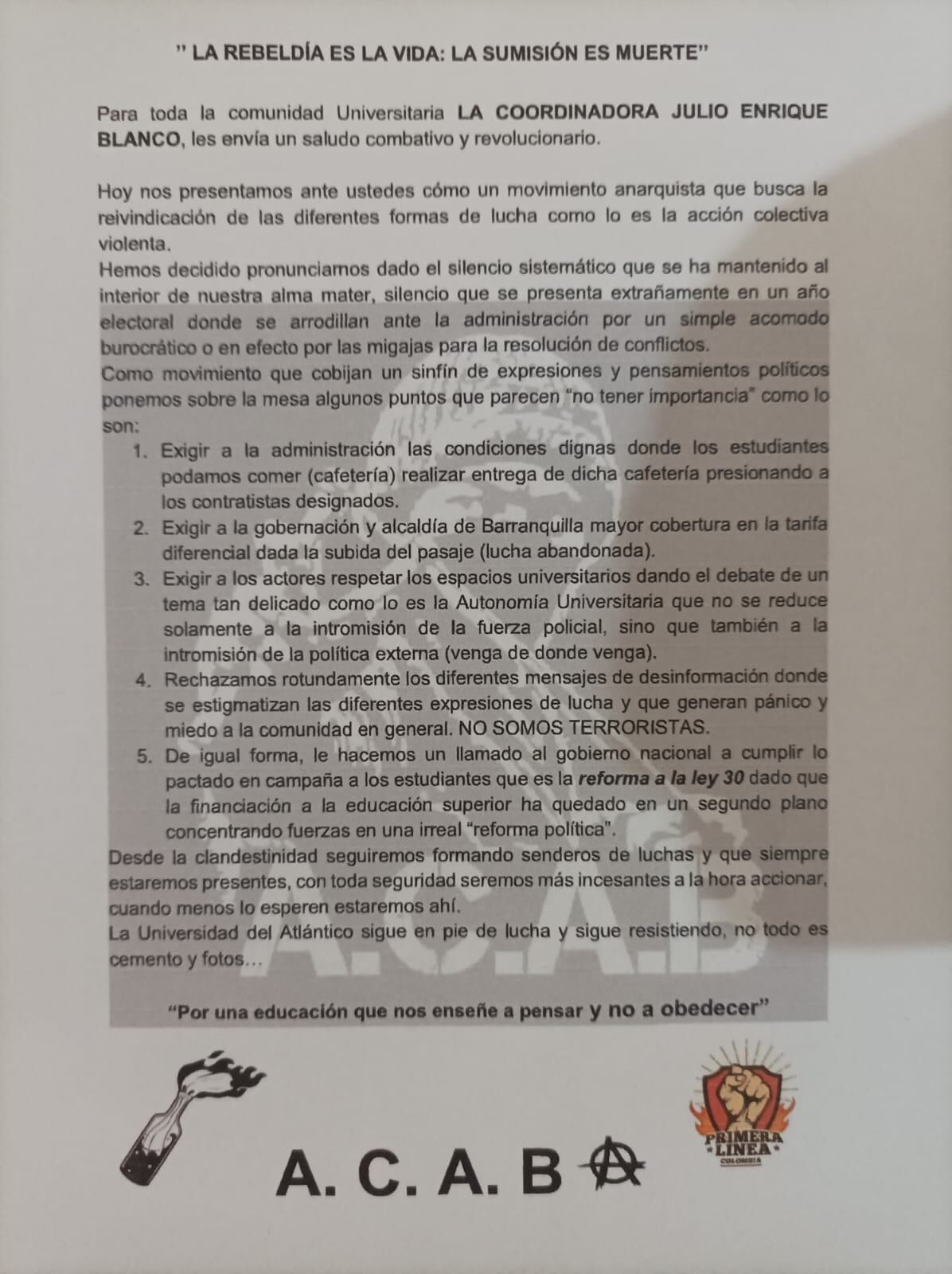 Este es el panfleto entregado por el grupo de encapuchados