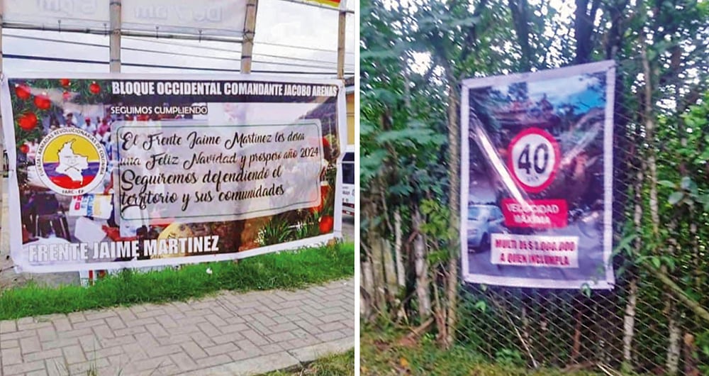    Con estas pancartas les advierten a propios y a extraños que a partir de ese punto es territorio de las Farc, incluso son ellos quienes regulan la velocidad permitida para carros y motos. De lo contrario, hay multa. 