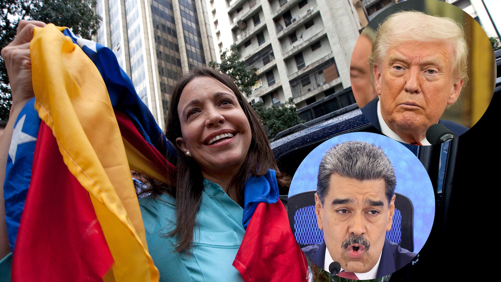La líder opositora María Corina Machado sostiene la bandera venezolana frente a la Fiscalía General. En la imagen también aparecen el presidente Donald Trump y Nicolás Maduro.