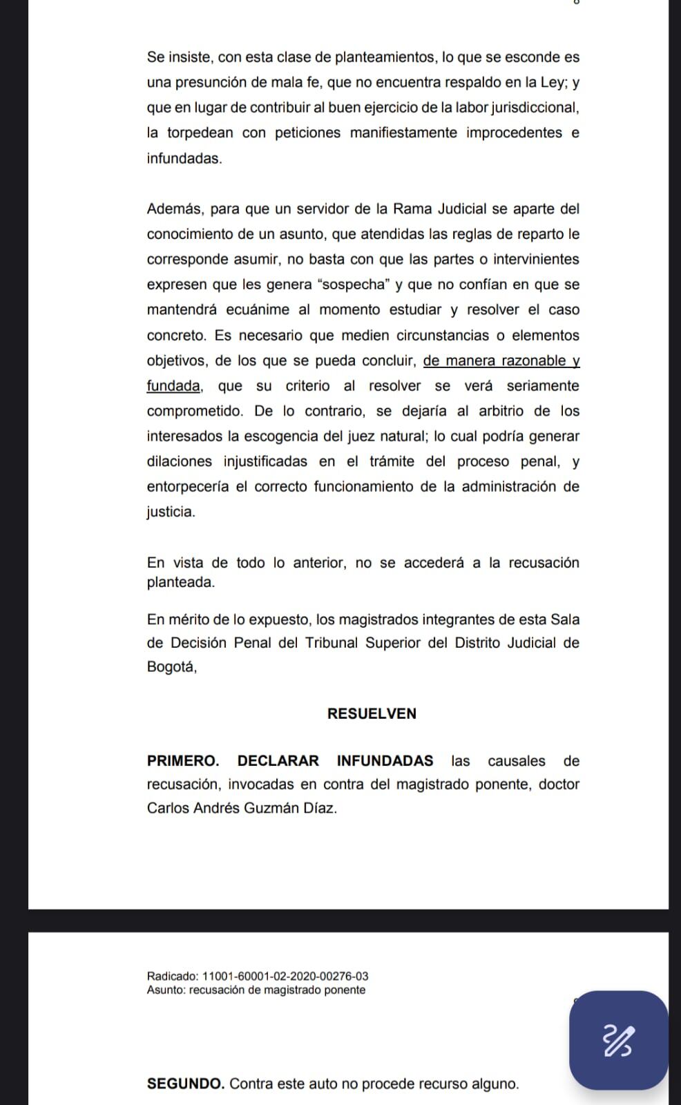 Tribunal Superior negó la recusación de Iván Cepeda, Eduardo Montealegre y Deyanira Gómez contra juez que resuelve el caso Uribe.