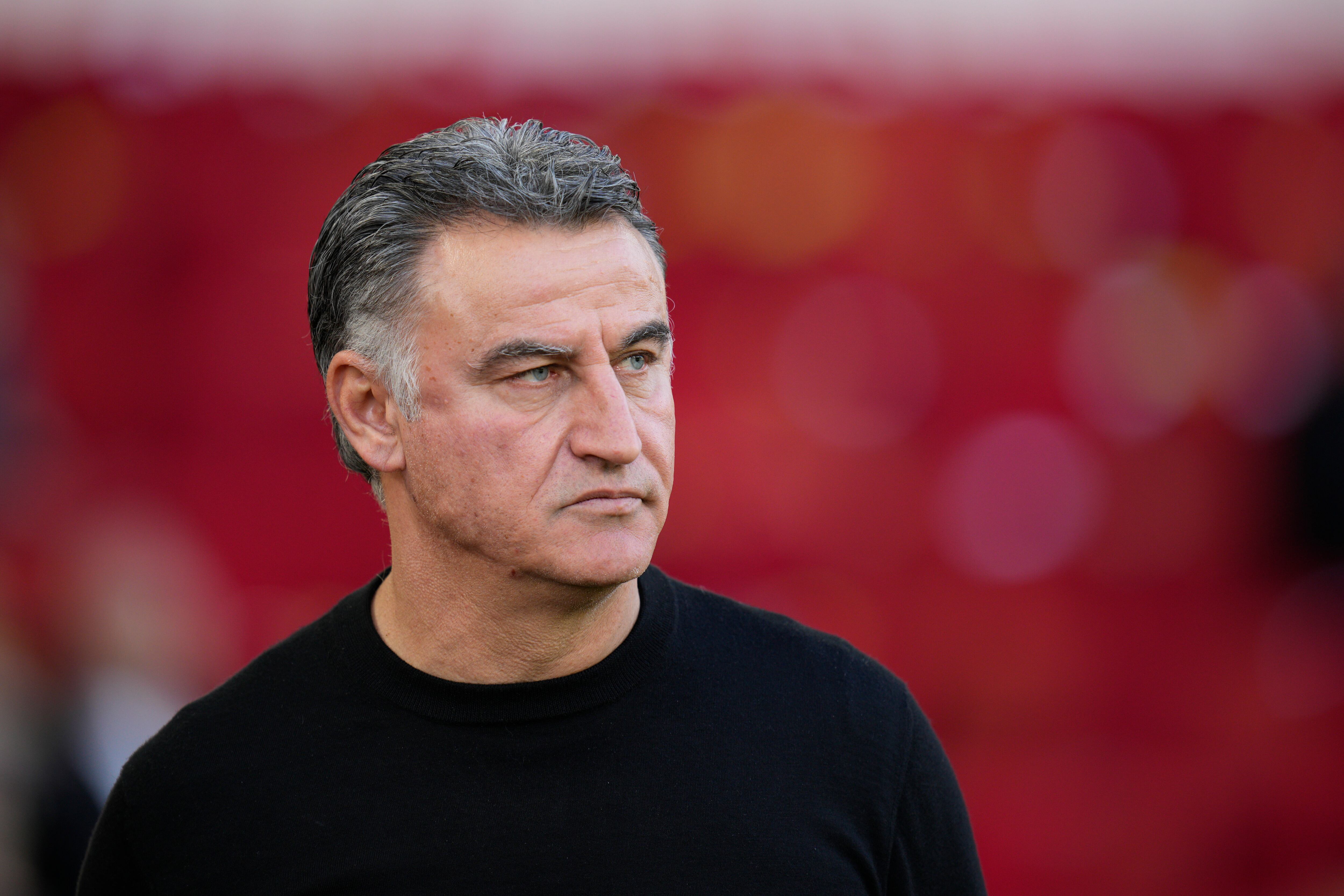 PSG's head coach Christophe Galtier looks on prior to a French League One soccer match between Monaco and Paris Saint-Germain at the Stade Louis II in Monaco, Saturday, Feb. 11, 2023. (AP Photo/Daniel Cole)