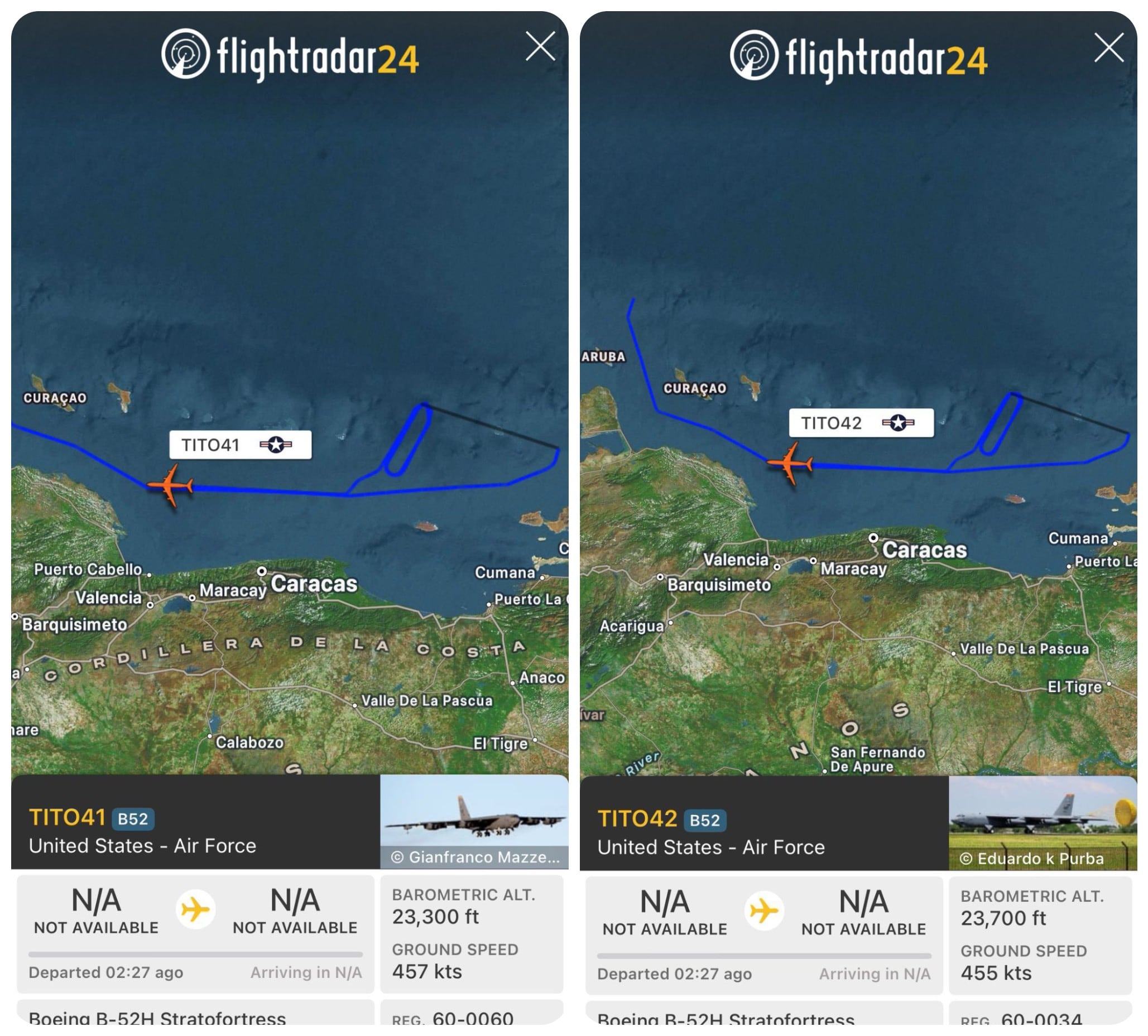 Informes revelan sobrevuelo de aviones estadounidenses cerca a Venezuela. (Imágenes de Flightradar24)