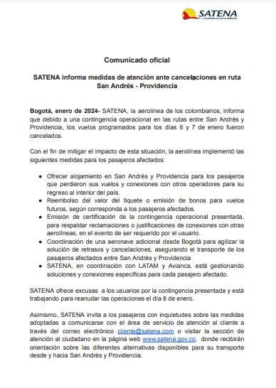 Comunicado oficial de Satena