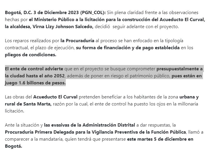 Pronunciamiento de la Procuraduría sobre riesgos en contrato de acueducto en Santa Marta.
