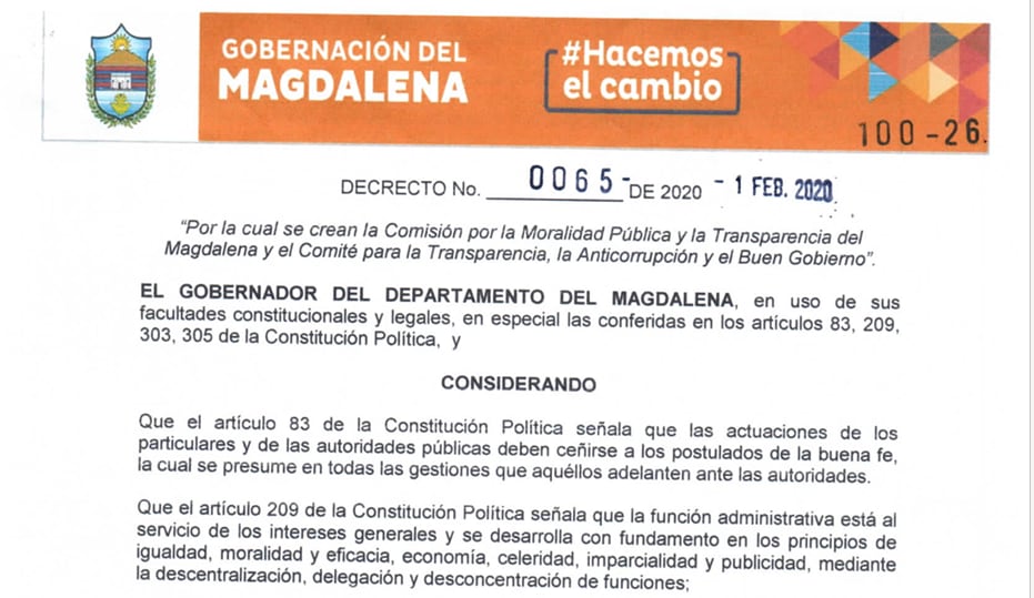 Documento de acuerdo de la moralidad de Carlos Caicedo como gobernador del magdalena.