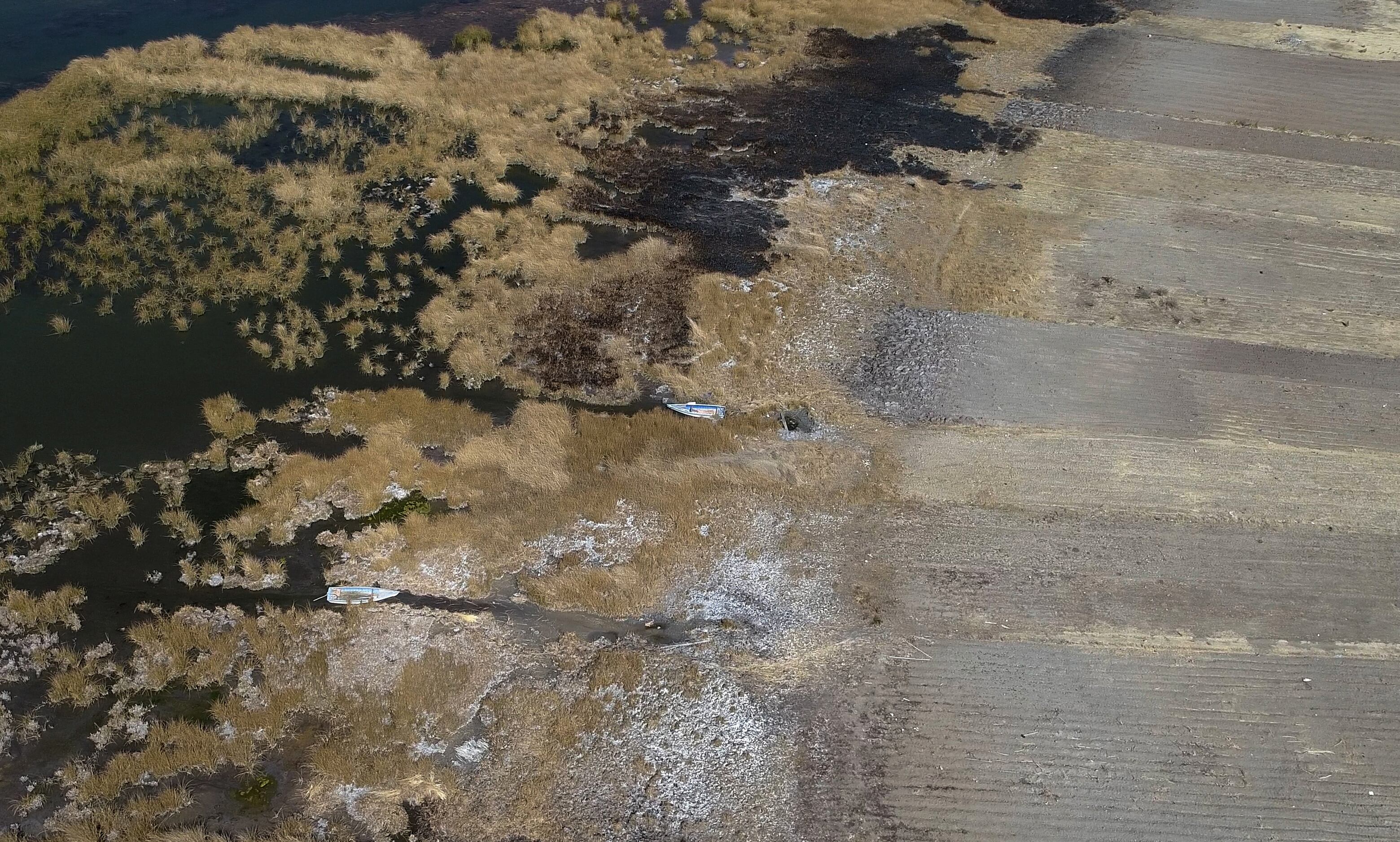 El nivel del agua del lago Titicaca , a 3.807 metros sobre el nivel del mar, se ubica hoy 25 centímetros por encima del mínimo histórico registrado en 1996, dijo a la AFP Lucia Walper, jefa de la Unidad de Pronósticos del Servicio Nacional de Hidrología y Meteorología (Senhami) de Bolivia, el 10 de agosto de 2023. (Foto por Aizar RALDES / AFP)