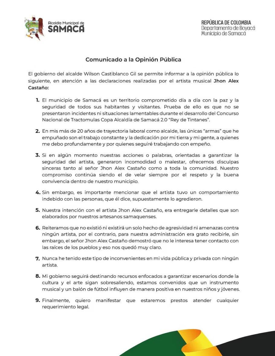 Alcalde de Samacá, Boyacá, se pronunció por polémica ocurrida en concierto de Jhon Alex Castaño.