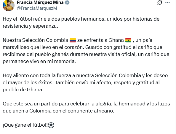 El mensaje de Francia Márquez por el partido de Colombia ante Ghana en el Mundial 2026