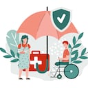 Medical health insurance in case of injury and disability banner with characters of injured people, flat cartoon vector illustration isolated on white background.
