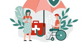 Medical health insurance in case of injury and disability banner with characters of injured people, flat cartoon vector illustration isolated on white background.