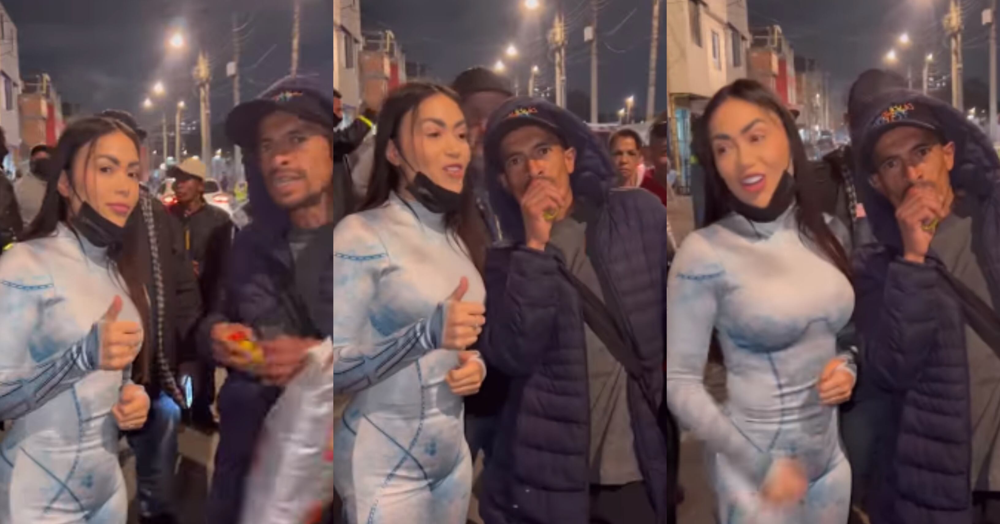 Epa Colombia estaba entregando tamales a personas en condición de indigencia en Bogotá. Durante la actividad, fue sorprendida por la acción de un hombre que inhaló una sustancia mientras posaba junto a ella.