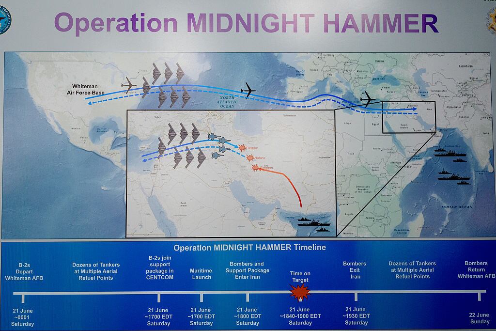 ARLINGTON, VIRGINIA - JUNE 22: An operational timeline of a strike on Iran is displayed following a news conference with Chairman of the Joint Chiefs of Staff Air Force Gen. Dan Caine and U.S. Defense Secretary Pete Hegseth at the Pentagon on June 22, 2025 in Arlington, Virginia. U.S. President Donald Trump gave an address to the nation last night after three Iranian nuclear facilities were struck by the U.S. military. (Photo by Andrew Harnik/Getty Images)