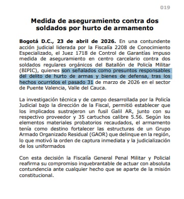Decisión de la Justicia Penal Militar en el caso de dos soldados vinculados a un caso por hurto de armas.