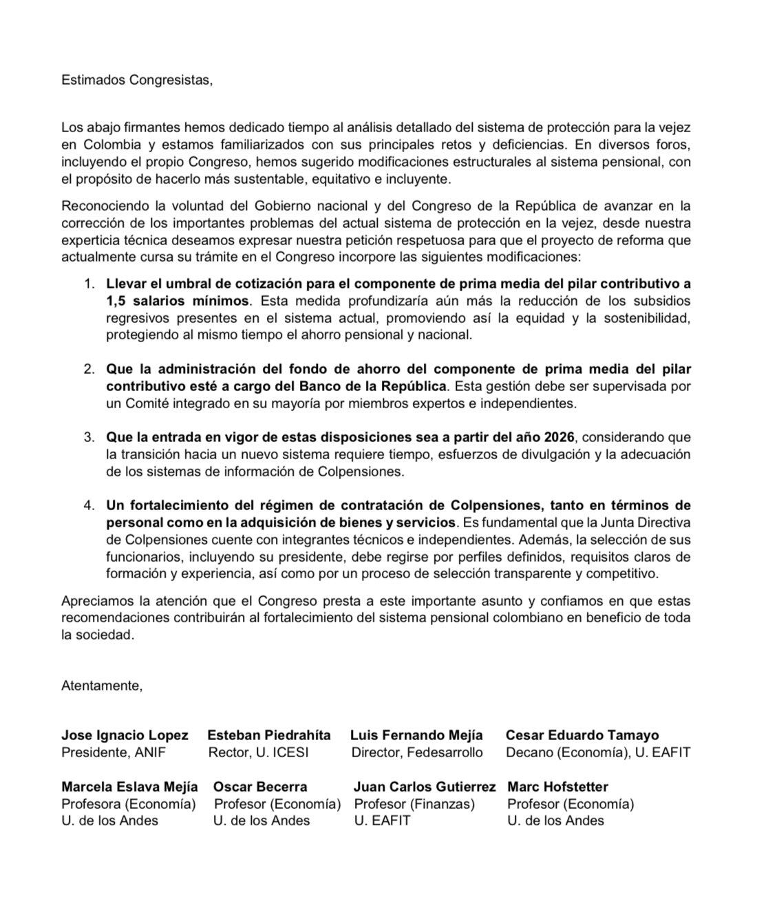 Carta de académicos a congresistas que debaten reforma pensional