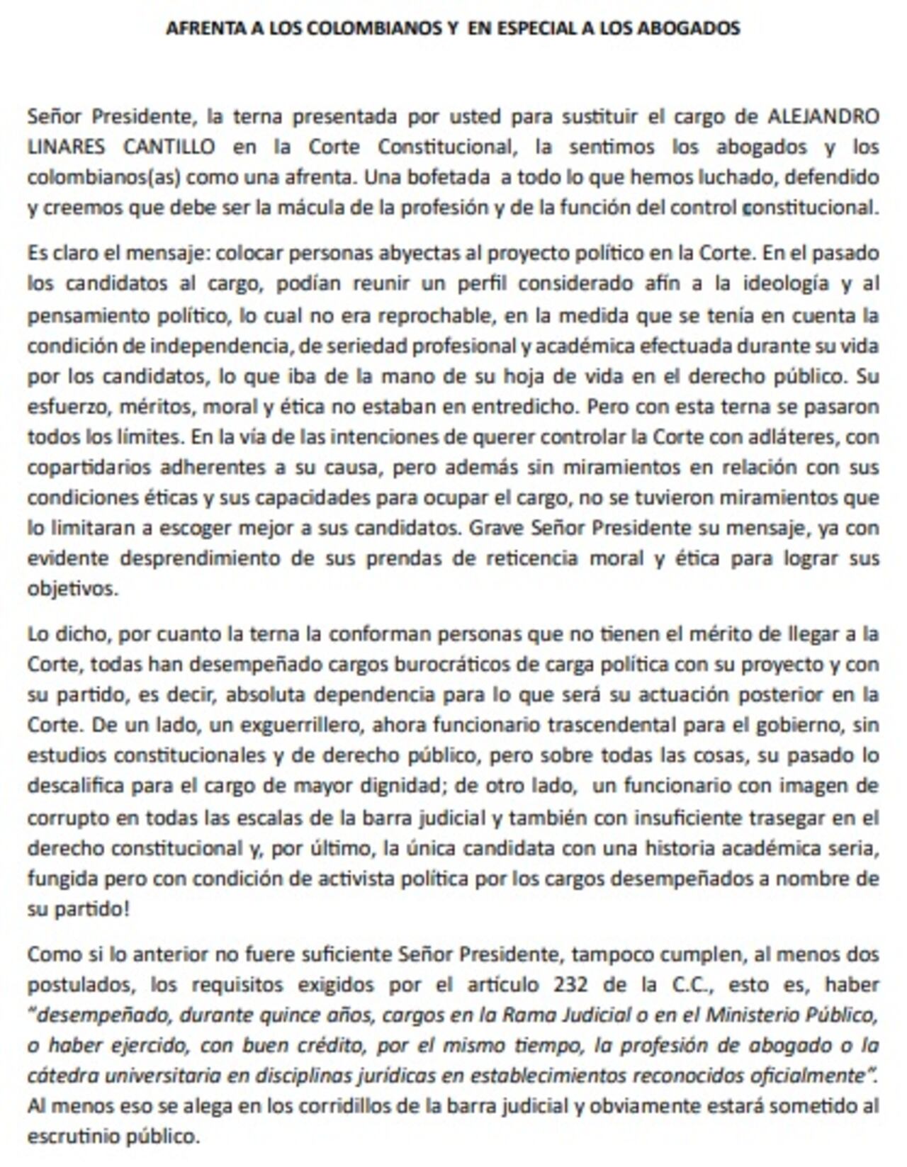 Carta del abogado Carlos Eduardo Naranjo sobre la terna a magistrado de la Corte Constitucional del presidente Gustavo Petro.