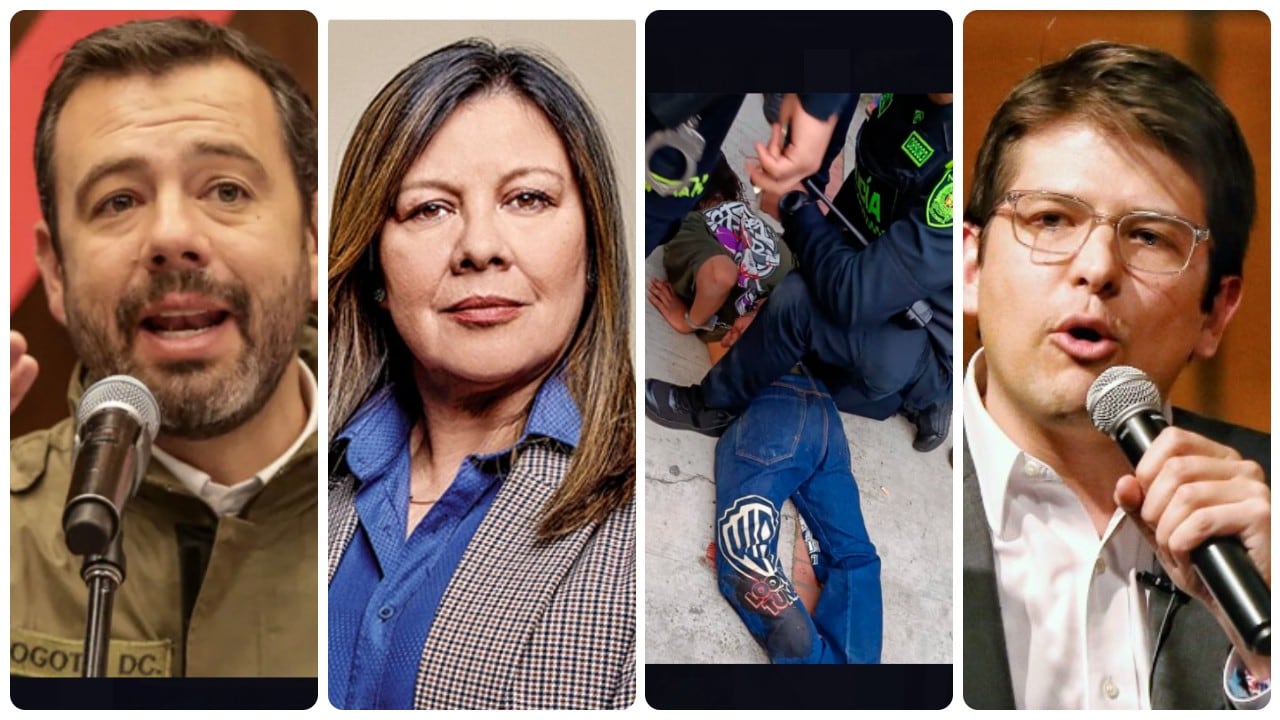 De izquierda a derecha: Carlos Fernando Galán, fiscal Luz Adriana Camargo, el acusado de disparar y Miguel Uribe Turbay.