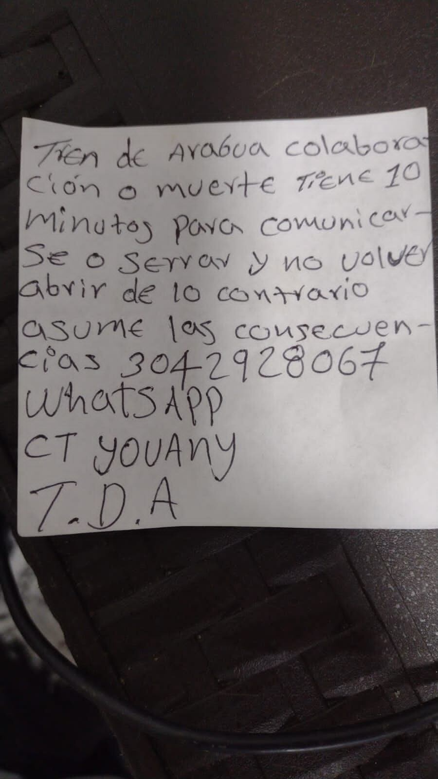 Panfleto con el que atemorizaban y extorsionaban a los comerciantes del sur de Bogotá. Se hacían pasar por la banda venezolana del Tren de Aragua.