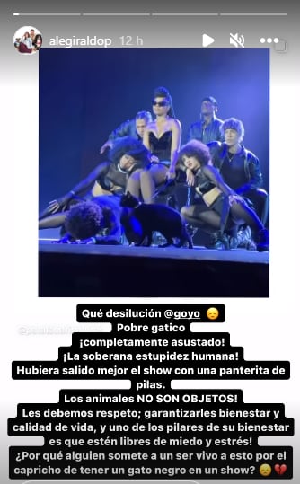 Alejandra Giraldo reaccionó al polémico show de Goyo en el que usó un gato negro.
