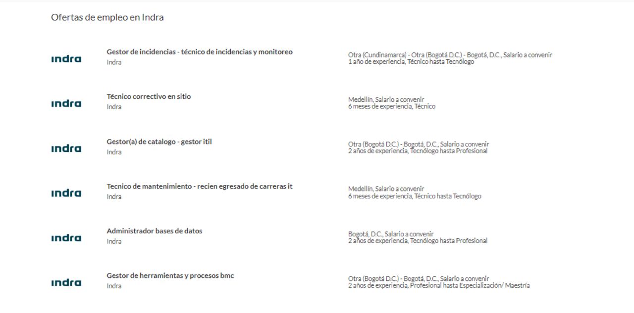 Estas son las ofertas de trabajo que tiene Indra en Colombia.