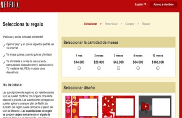 En www.netflix.com/regalo puede comprar suscripciones desde $14.000 por 1, 2, 3, 6 o 12 meses e incluso puede elegir un diseño de tarjeta para enviar el regalo con el código o imprimirlo.
