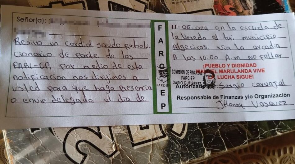 Campesinos, empresarios y comerciantes reciben millonarias exigencias por parte del grupo armado de alias Iván Mordisco.
