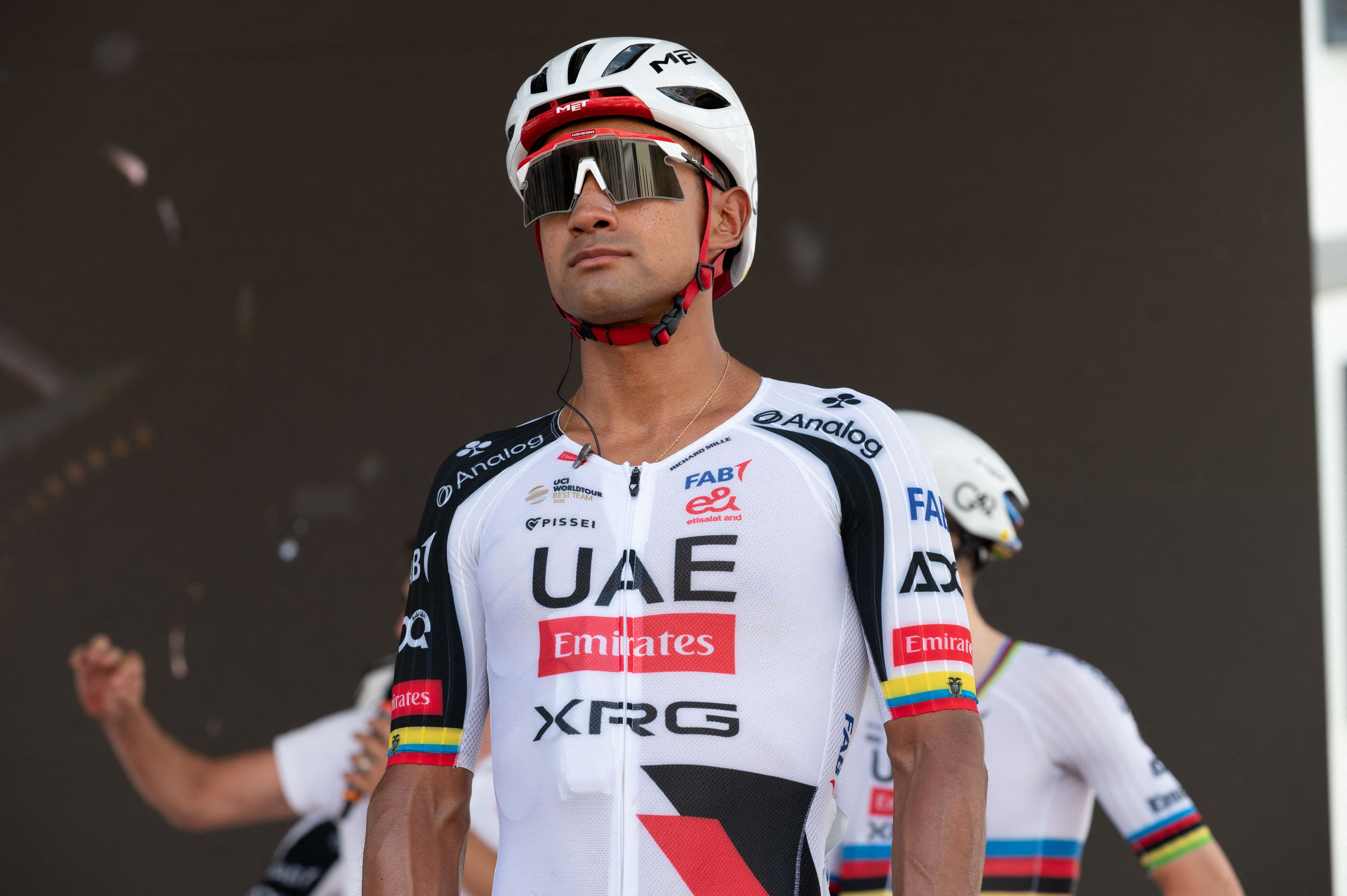 Jhonatan Narvaez of UAE Team Emirates XRG during the first stage of the Tour de Suisse 2026 starting in Sondrio, Italy, on June 17, 2026. (Photo by Silvia Colombo/NurPhoto) (Photo by Silvia Colombo / NurPhoto via AFP)