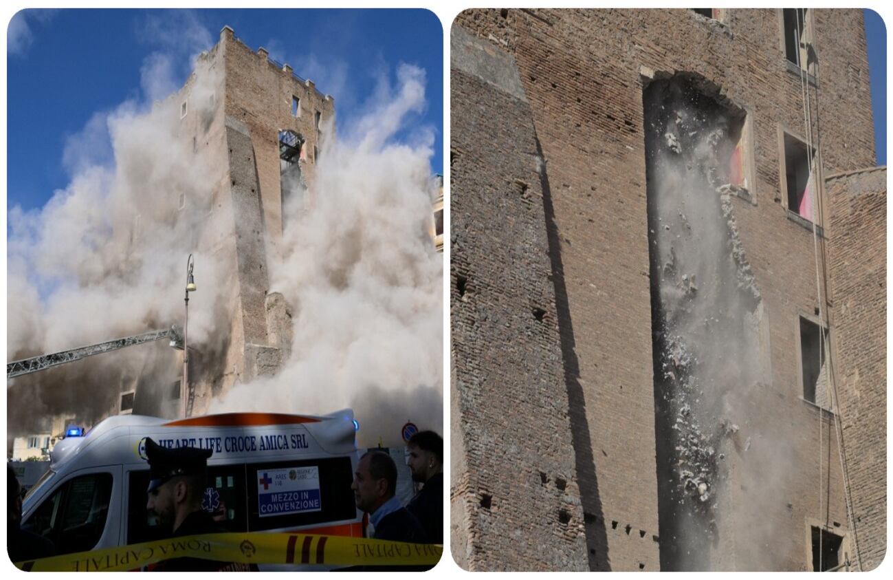 El polvo se levanta debido al segundo derrumbe de parte de la torre medieval "Torre dei Conti", cerca del Foro Romano en el centro histórico de Roma, el 3 de noviembre de 2025. (Foto de Tiziana FABI / AFP)
