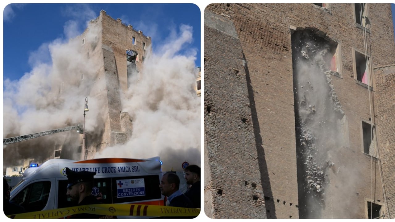 El polvo se levanta debido al segundo derrumbe de la parte de la torre medieval Torre dei Conti, cerca del Foro Romano en el centro histórico de Roma, el 3 de noviembre de 2025. (Foto de Tiziana FABI / AFP)