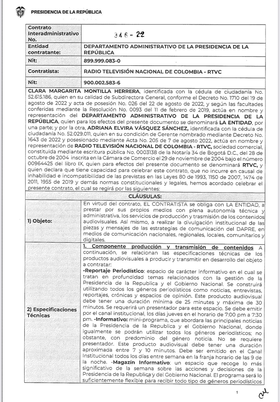 Contrato Presidencia con RTVC